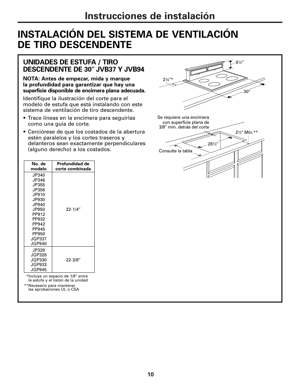 Instalación del sistema de ventilación descendente, Jvb37 y jvb94 | GE JVB37 User Manual | Page 30 / 40