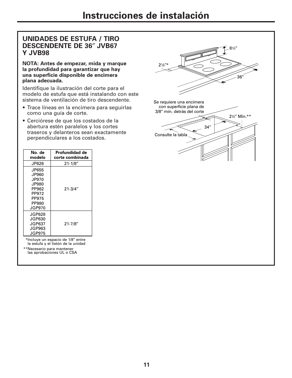 Jvb67 y jvb98, Instrucciones de instalación | GE JVB37 User Manual | Page 31 / 40