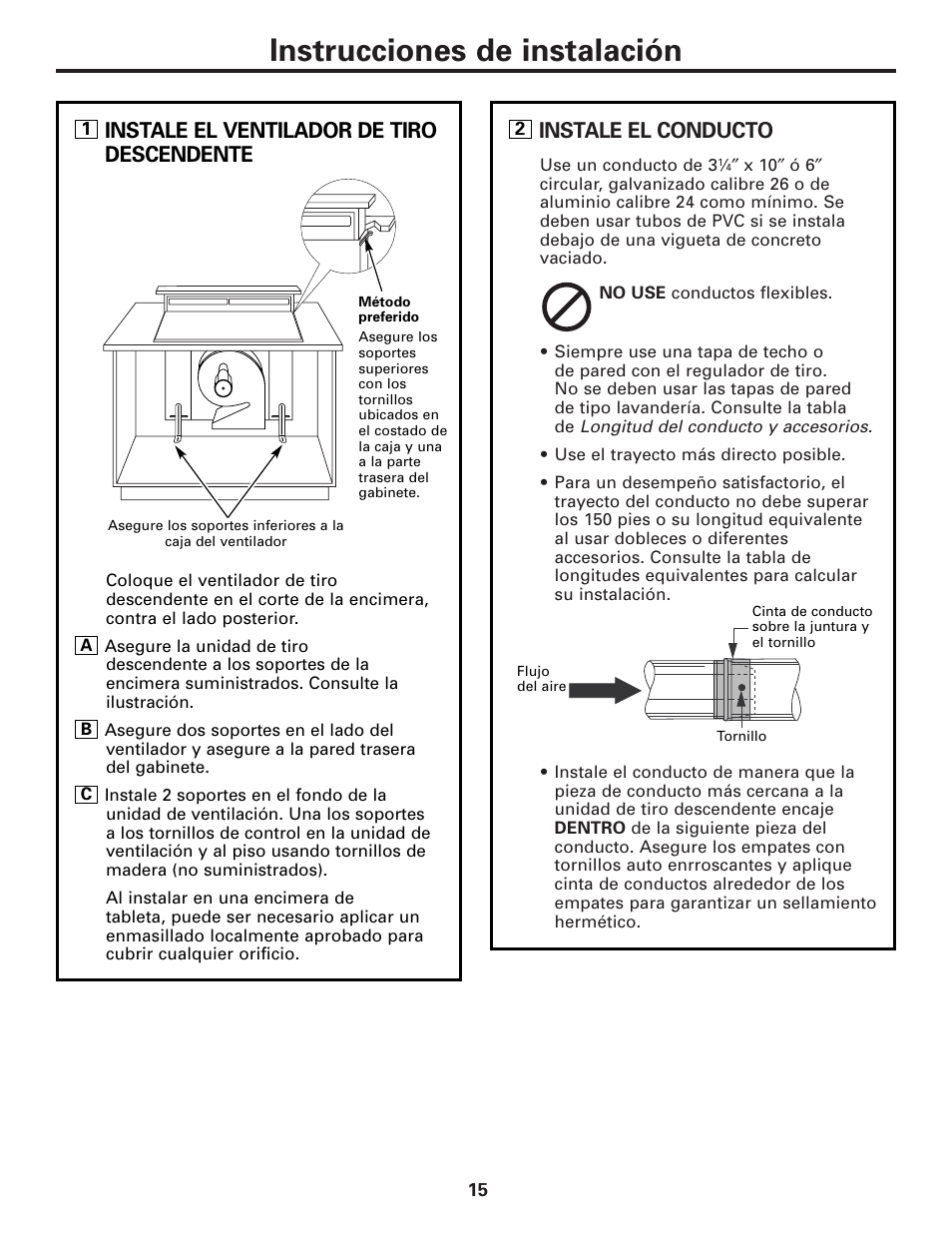 Instrucciones de instalación, Instale el conducto, Instale el ventilador de tiro descendente | GE JVB37 User Manual | Page 35 / 40
