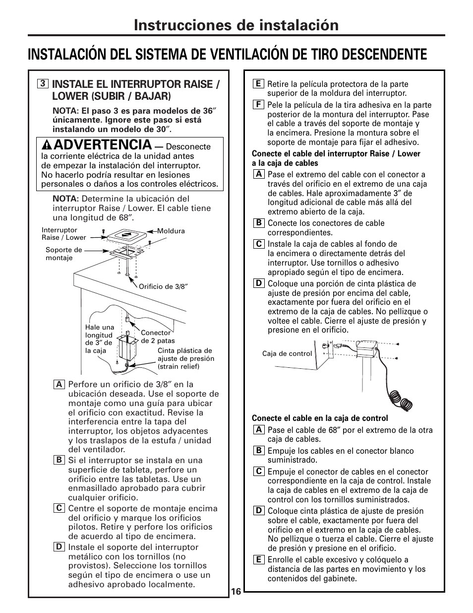 Interruptor raise/lower (subir / bajar), Advertencia | GE JVB37 User Manual | Page 36 / 40