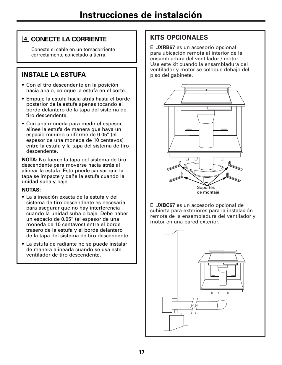 Kits opcionales, Instrucciones de instalación | GE JVB37 User Manual | Page 37 / 40