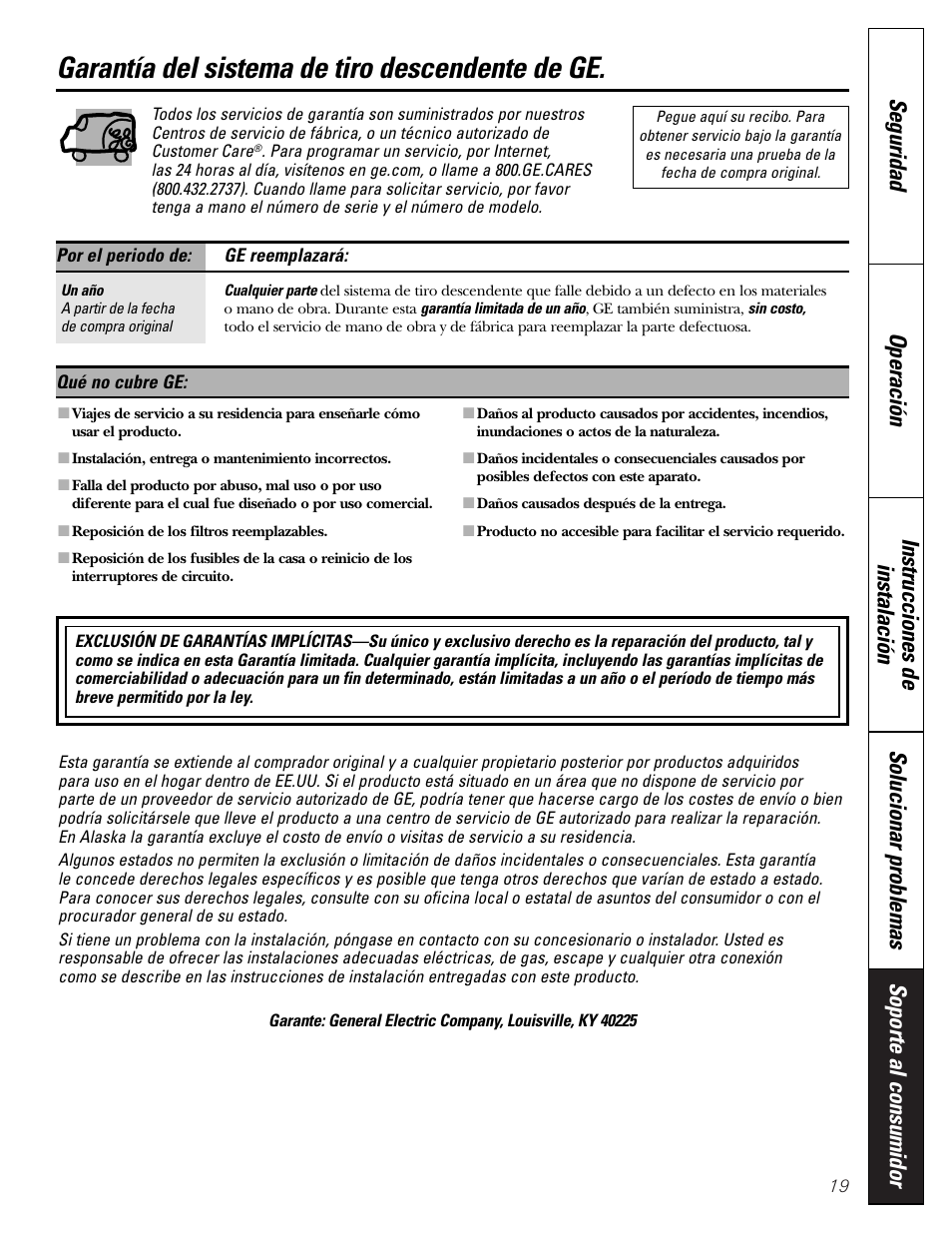 Garantía, Garantía del sistema de tiro descendente de ge | GE JVB37 User Manual | Page 39 / 40