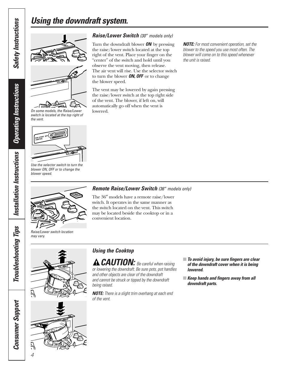 Raise/lower switch, Using the cooktop, Using the downdraft system | Caution | GE JVB37 User Manual | Page 4 / 40