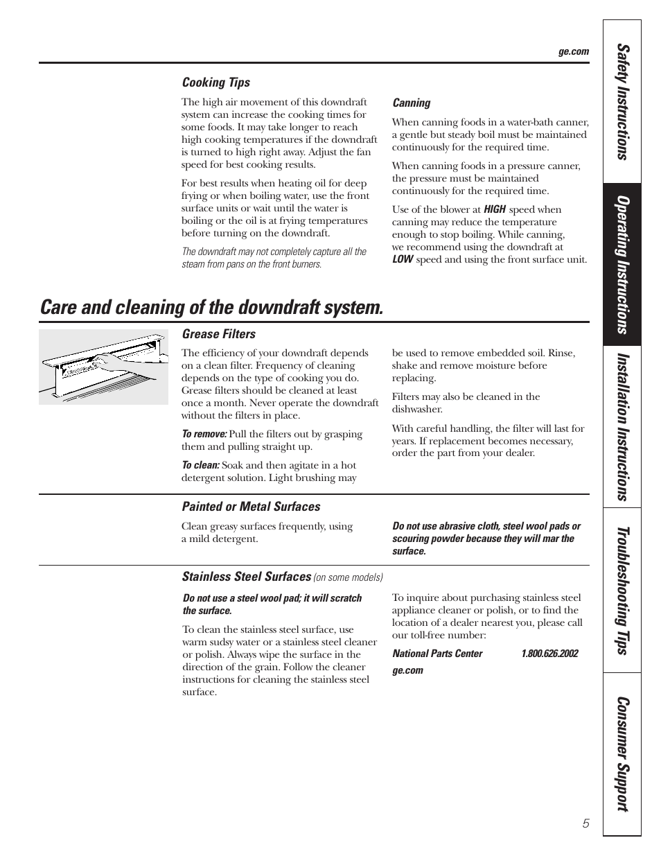 Cooking tips, Grease filters, Painted or metal surfaces | Stainless steel surfaces, Care and cleaning of the downdraft system | GE JVB37 User Manual | Page 5 / 40
