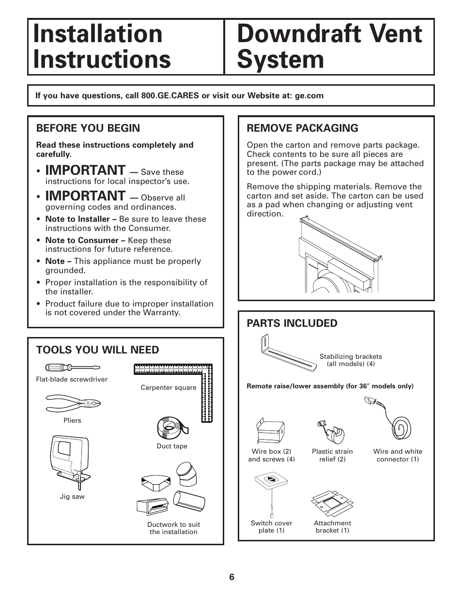 Before you begin, Installation downdraft vent instructions system, Important | GE JVB37 User Manual | Page 6 / 40