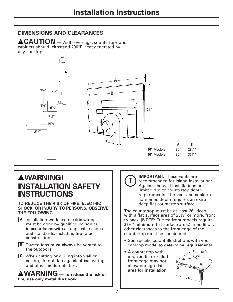 Dimensions and clearances, Dimensions and clearances , 8, Installation instructions | Warning! installation safety instructions, Caution, Warning | GE JVB37 User Manual | Page 7 / 40