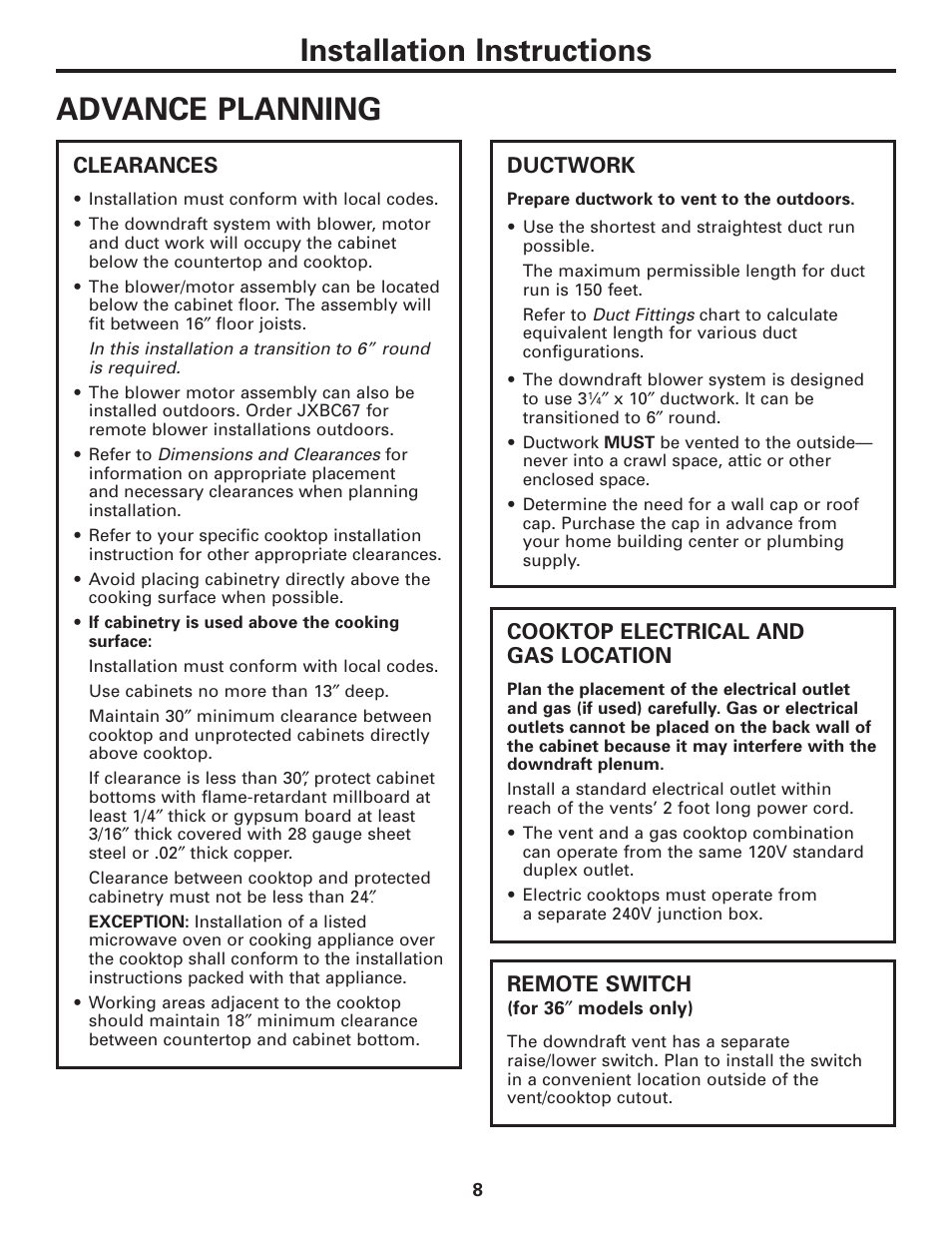 Advance planning, Ductwork, Electrical and gas location | Advance planning , 9, Ductwork , 13, 15 electrical and gas location, Installation instructions, Clearances, Cooktop electrical and gas location, Remote switch | GE JVB37 User Manual | Page 8 / 40