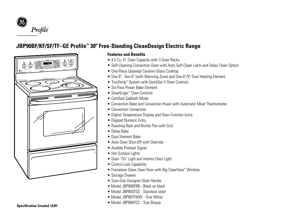 Jbp90bf/kf/sf/tf–ge profile, 30" free-standing cleandesign electric range | GE Profile JBP90SFSS User Manual | Page 2 / 2