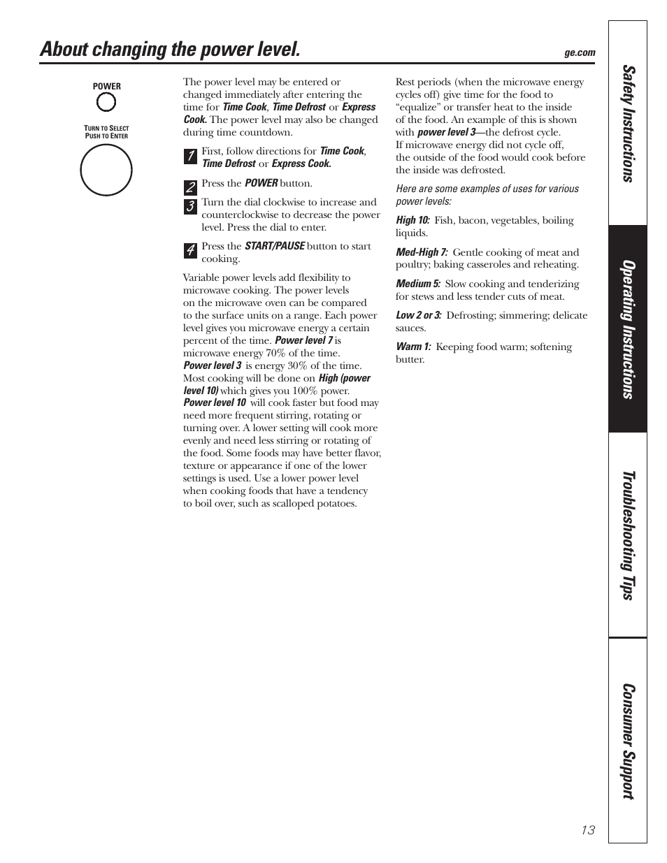 Changing power level, About changing the power level | GE MFL38211602 User Manual | Page 13 / 32