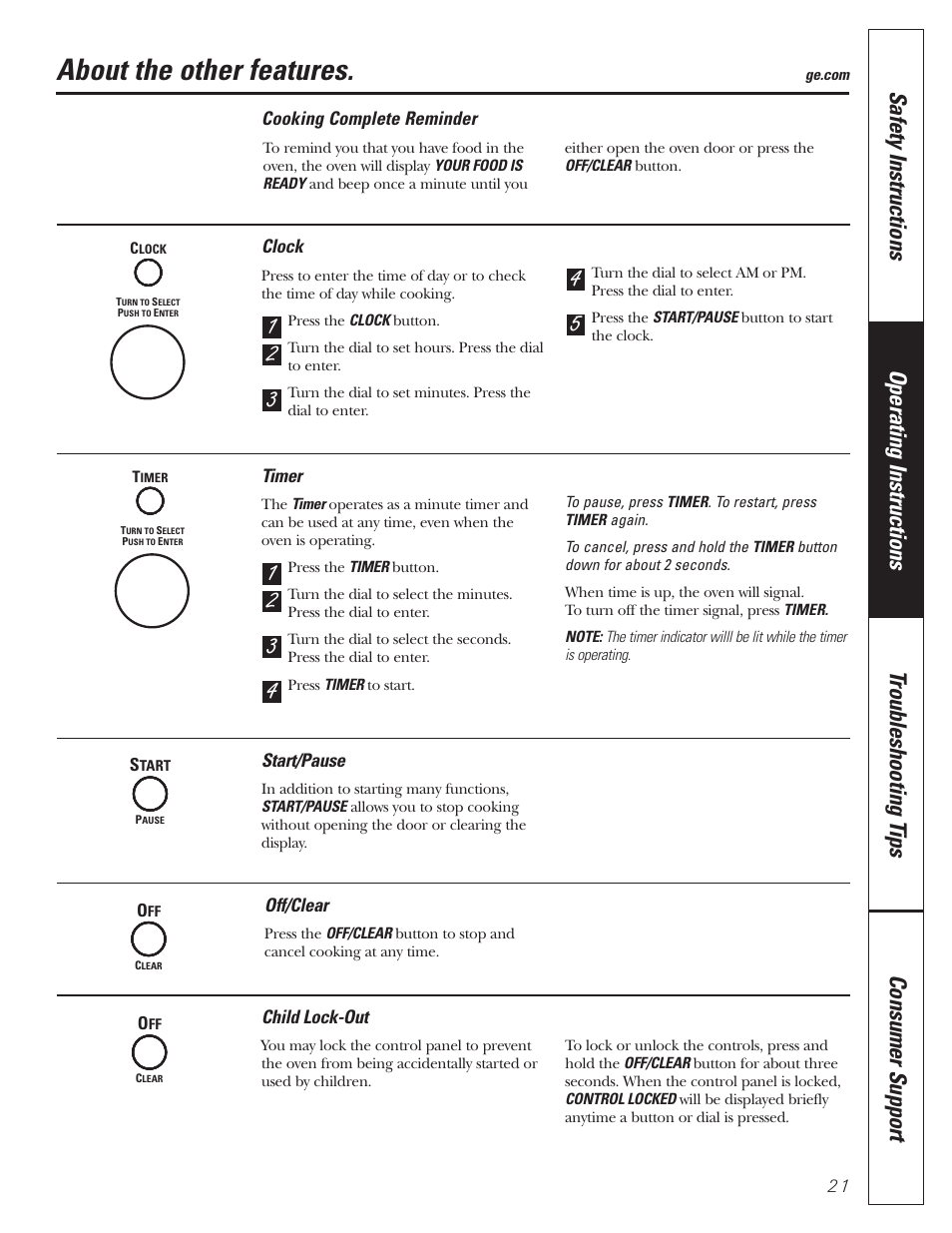 Other features, Child lock-out, Clock | Cooking complete reminder, Off/clear, Start/pause, Timer, Other features , 22, Child lock-out clock cooking complete reminder, Off/clear start/pause timer | GE MFL38211602 User Manual | Page 21 / 32