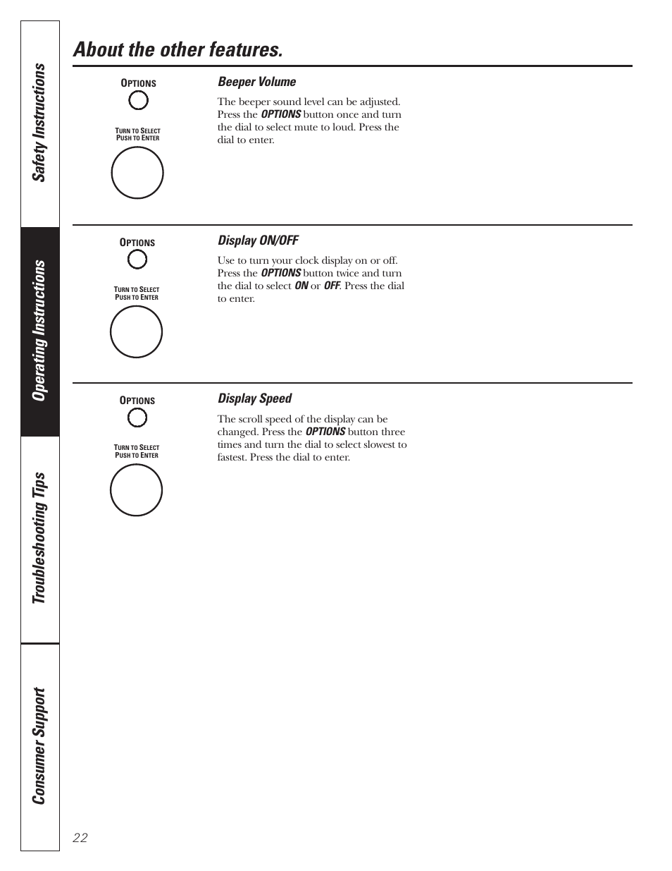 Beeper volume, Display on/off, Display speed | Display on/off display speed, About the other features | GE MFL38211602 User Manual | Page 22 / 32