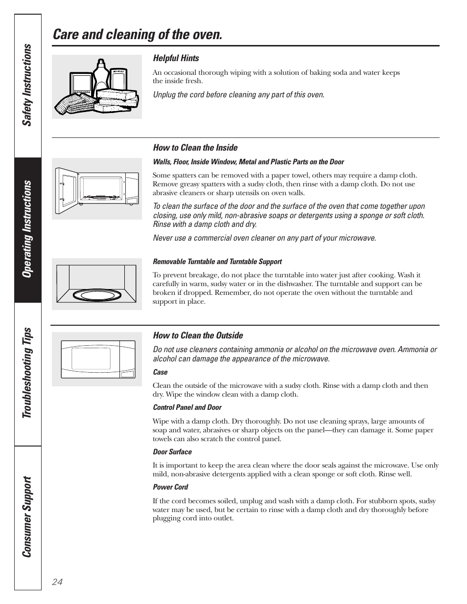 Inside, Outside, Inside outside | Care and cleaning of the oven | GE MFL38211602 User Manual | Page 24 / 32