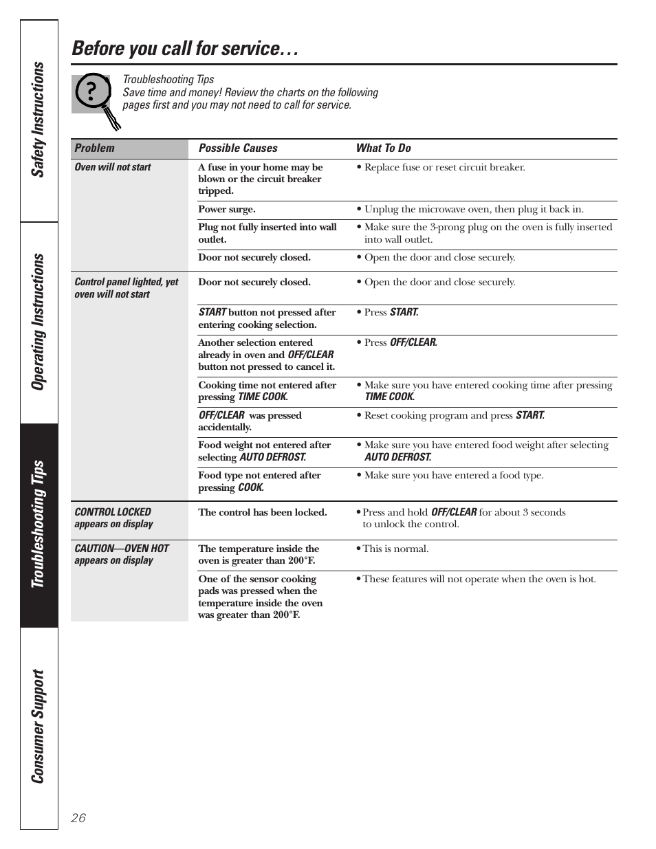 Before you call for service | GE MFL38211602 User Manual | Page 26 / 32