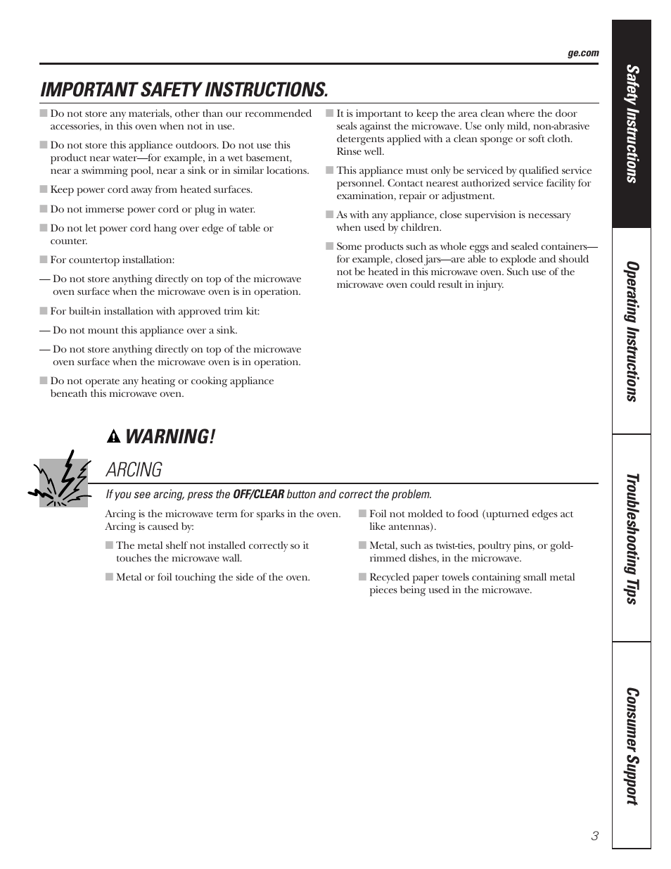 Arcing, Important safety instructions, Warning | GE MFL38211602 User Manual | Page 3 / 32