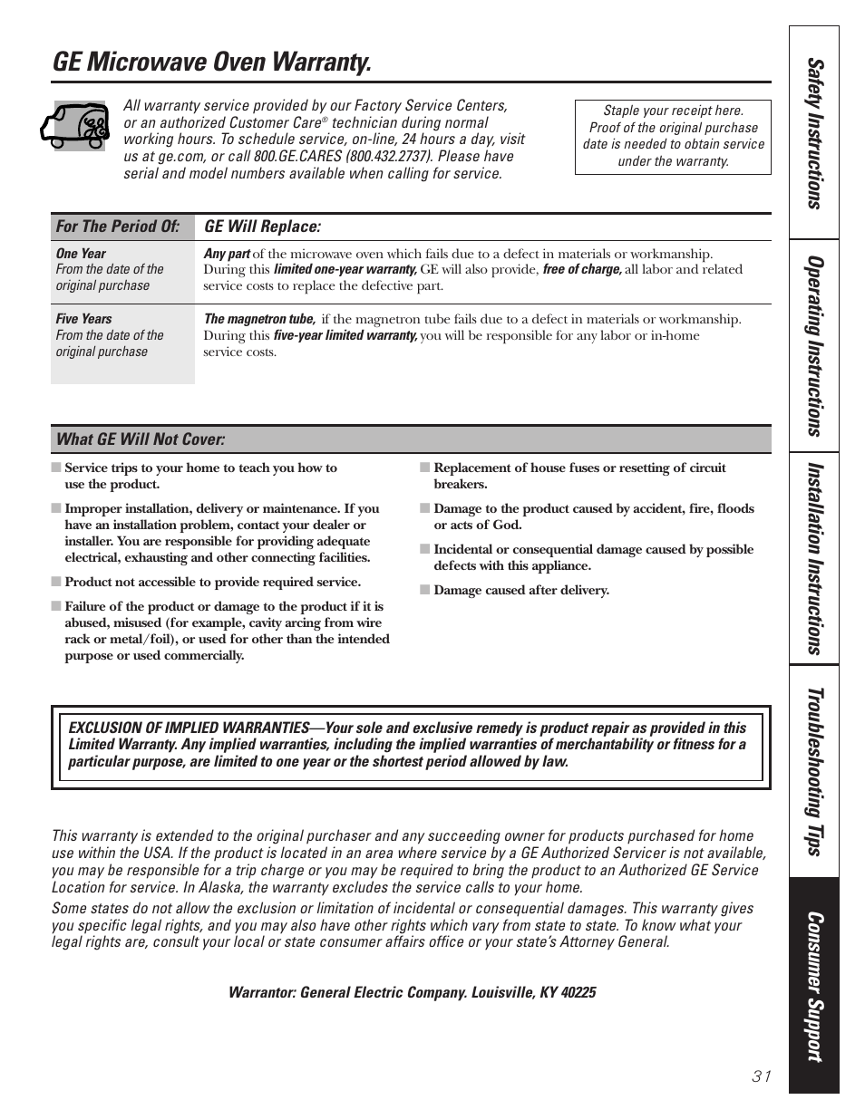 Warranty, Ge microwave oven warranty | GE MFL38211602 User Manual | Page 31 / 32