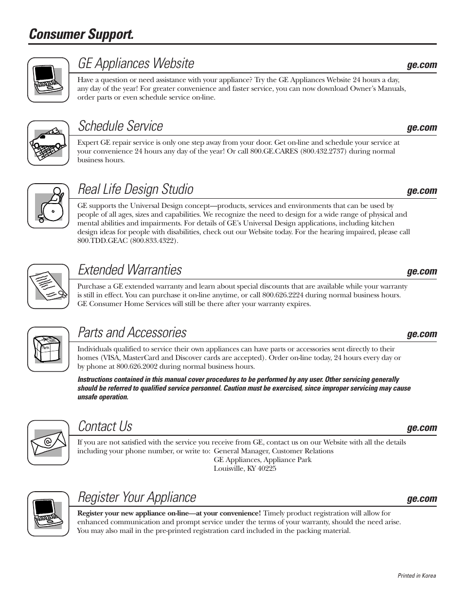 Consumer support, Consumer support . . back cover, Consumer support. ge appliances website | Schedule service, Real life design studio, Extended warranties, Parts and accessories, Contact us, Register your appliance | GE MFL38211602 User Manual | Page 32 / 32