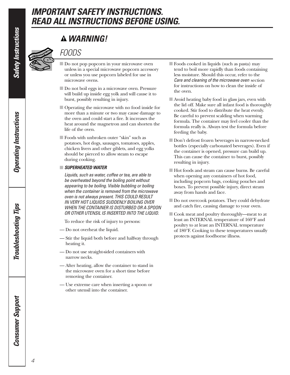 Foods, Warning | GE MFL38211602 User Manual | Page 4 / 32