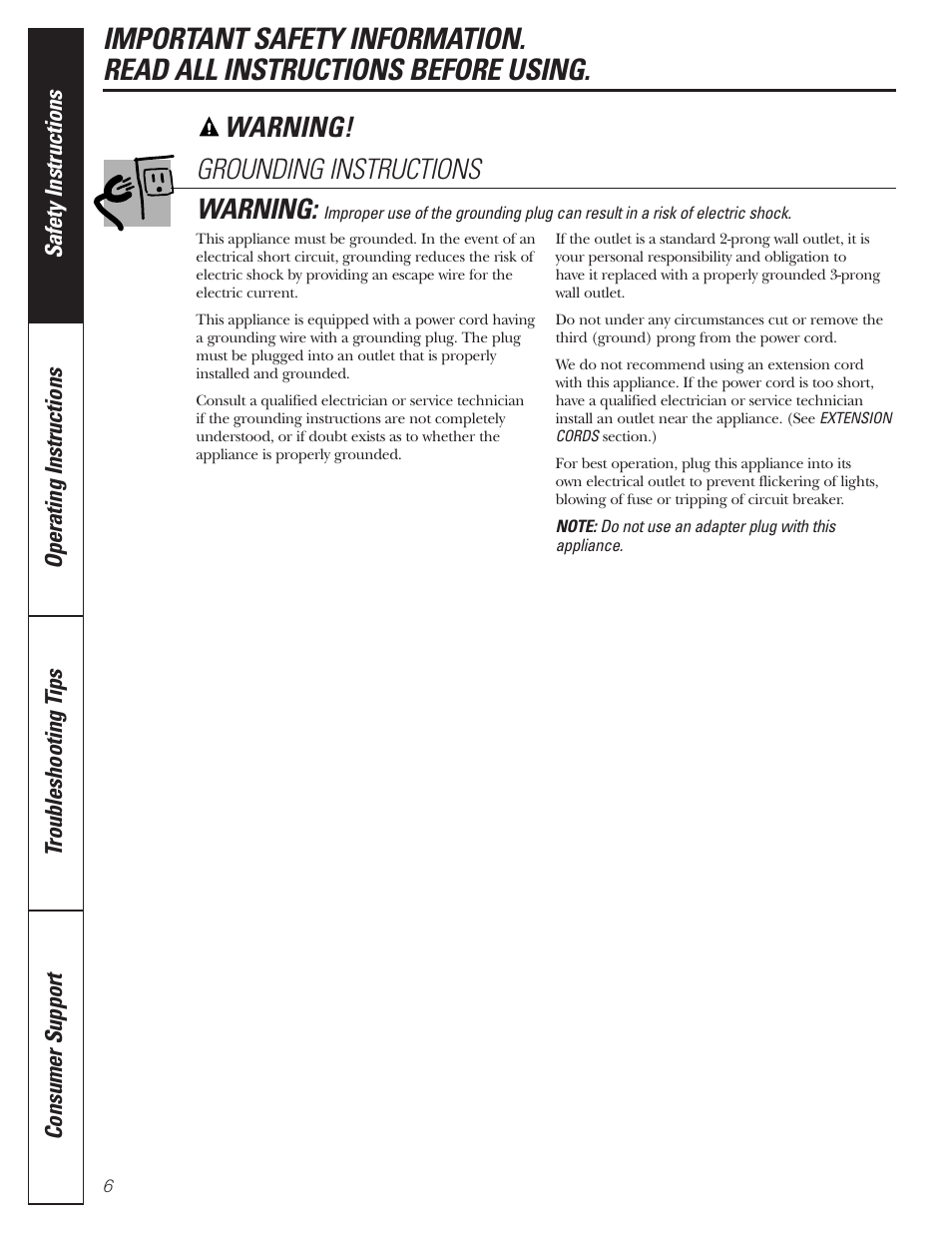 Grounding instructions, Warning! warning | GE MFL38211602 User Manual | Page 6 / 32