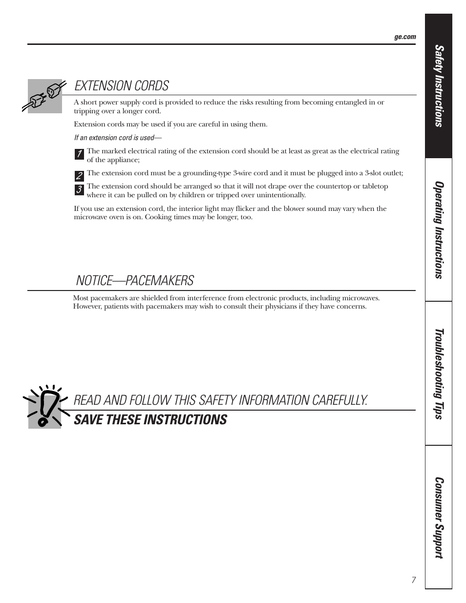 Extension cords, Notice—pacemakers | GE MFL38211602 User Manual | Page 7 / 32