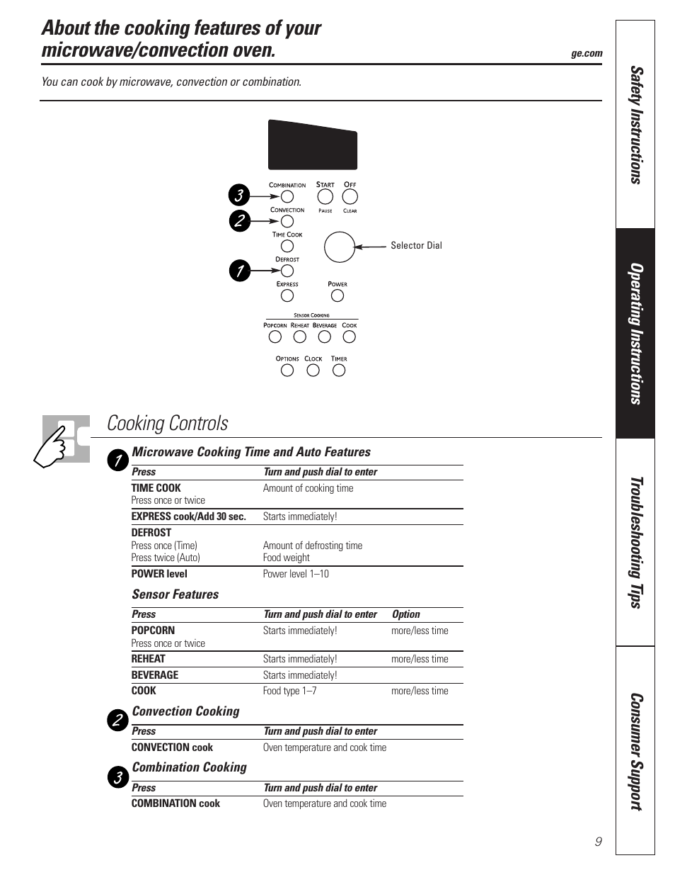 Time and auto microwave features, Time and auto microwave features , 11, 12, Cooking controls | GE MFL38211602 User Manual | Page 9 / 32