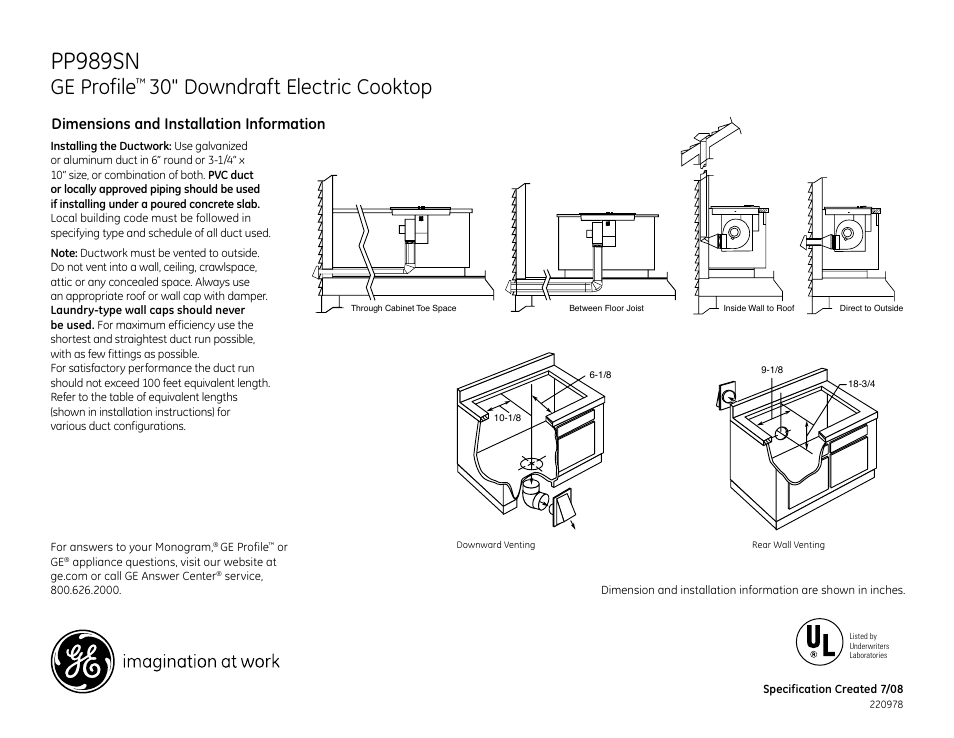 Pp989sn, Ge profile, 30" downdraft electric cooktop | Dimensions and installation information | GE Profile PP989SN User Manual | Page 2 / 3