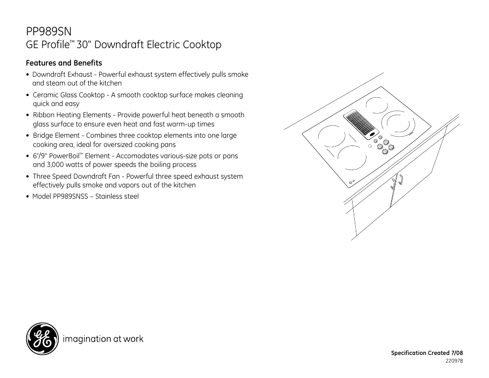 Pp989sn, Ge profile, 30" downdraft electric cooktop | GE Profile PP989SN User Manual | Page 3 / 3