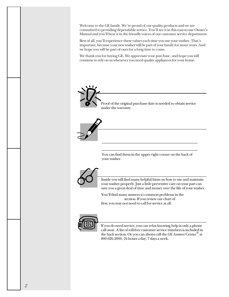 Operating instructions, Troubleshooting tips, Customer service | A service partnership, For your records, Read this manual if you need service, Important | GE WBSR1060 User Manual | Page 2 / 16