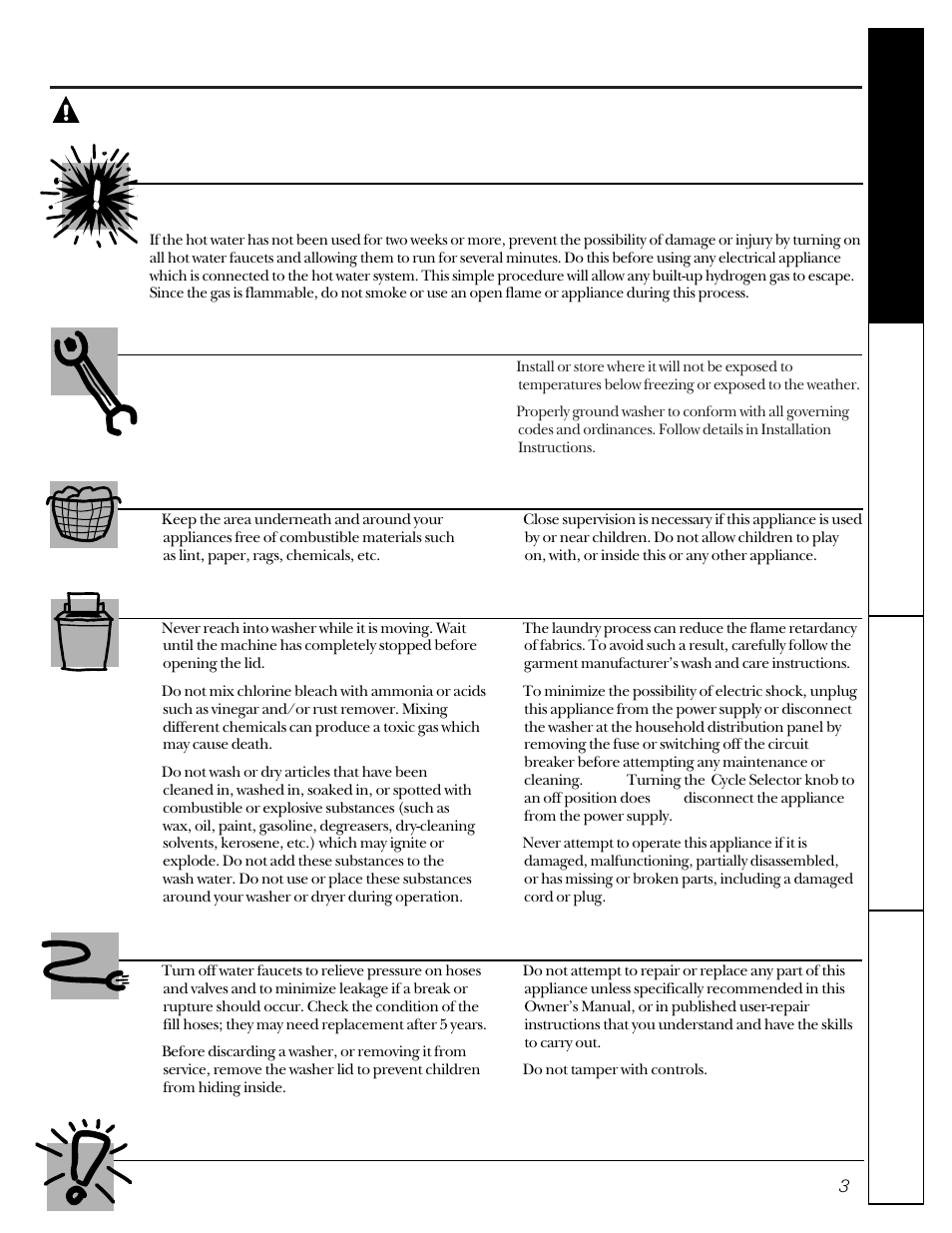 Safety information, Warning, Water heater safety | Proper installation, Your laundry area, When using the washer use | GE WBSR1060 User Manual | Page 3 / 16