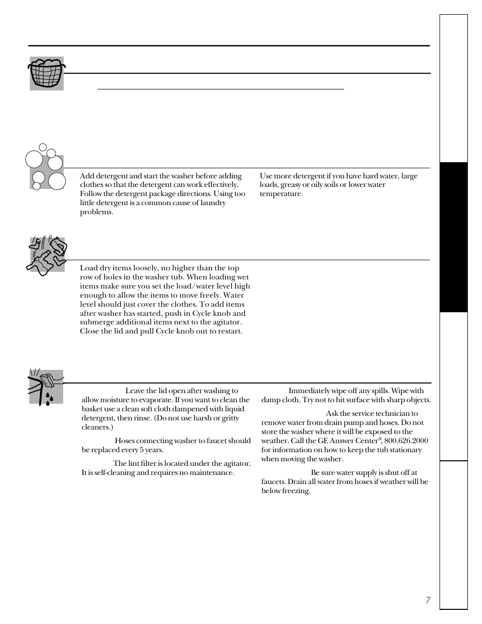 Loading and using the washer, Sorting wash loads proper use of detergent, Care and cleaning of the washer | Loading the washer | GE WBSR1060 User Manual | Page 7 / 16
