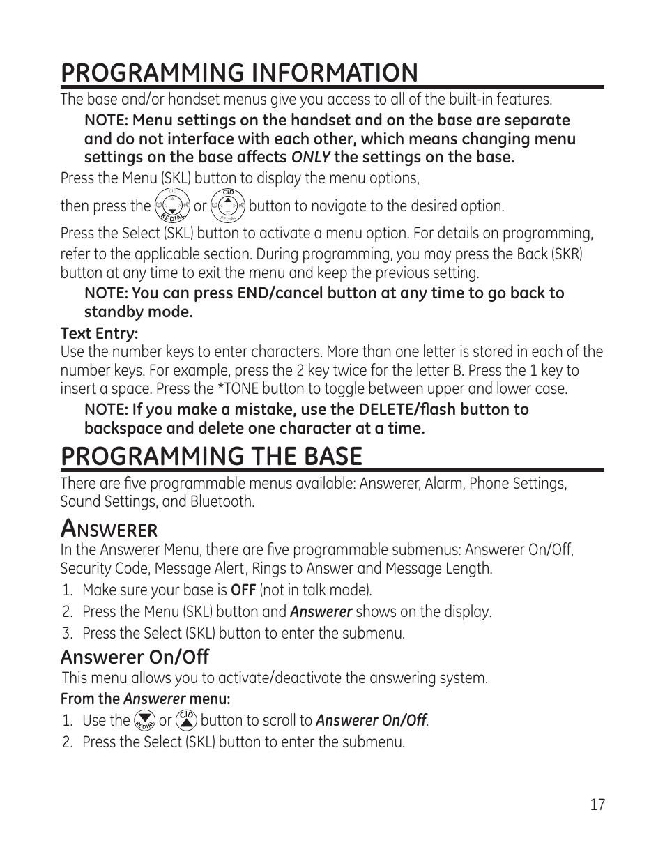 Programming information, Programming the base | GE DECT6.0 28128 User Manual | Page 17 / 66