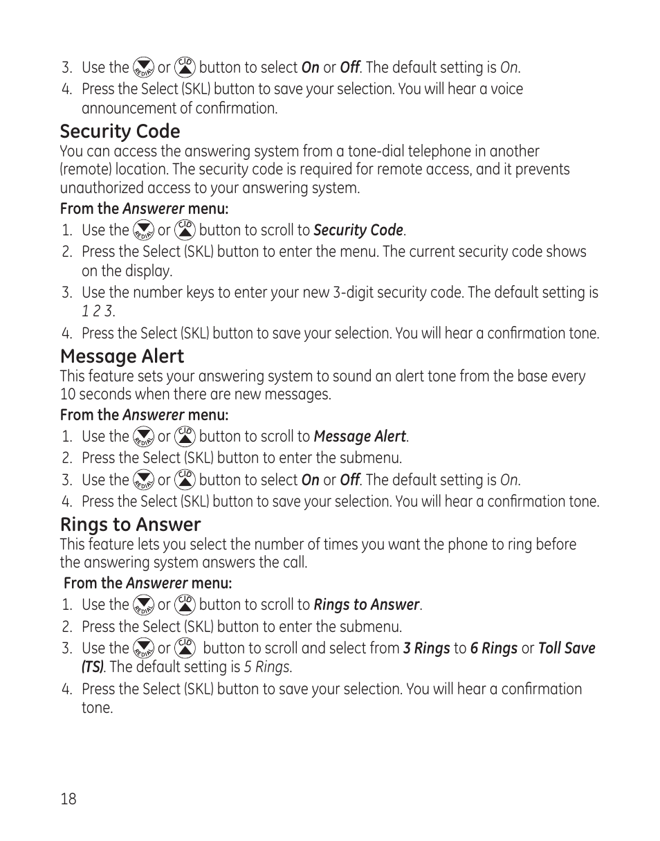 Security code, Message alert, Rings to answer | GE DECT6.0 28128 User Manual | Page 18 / 66