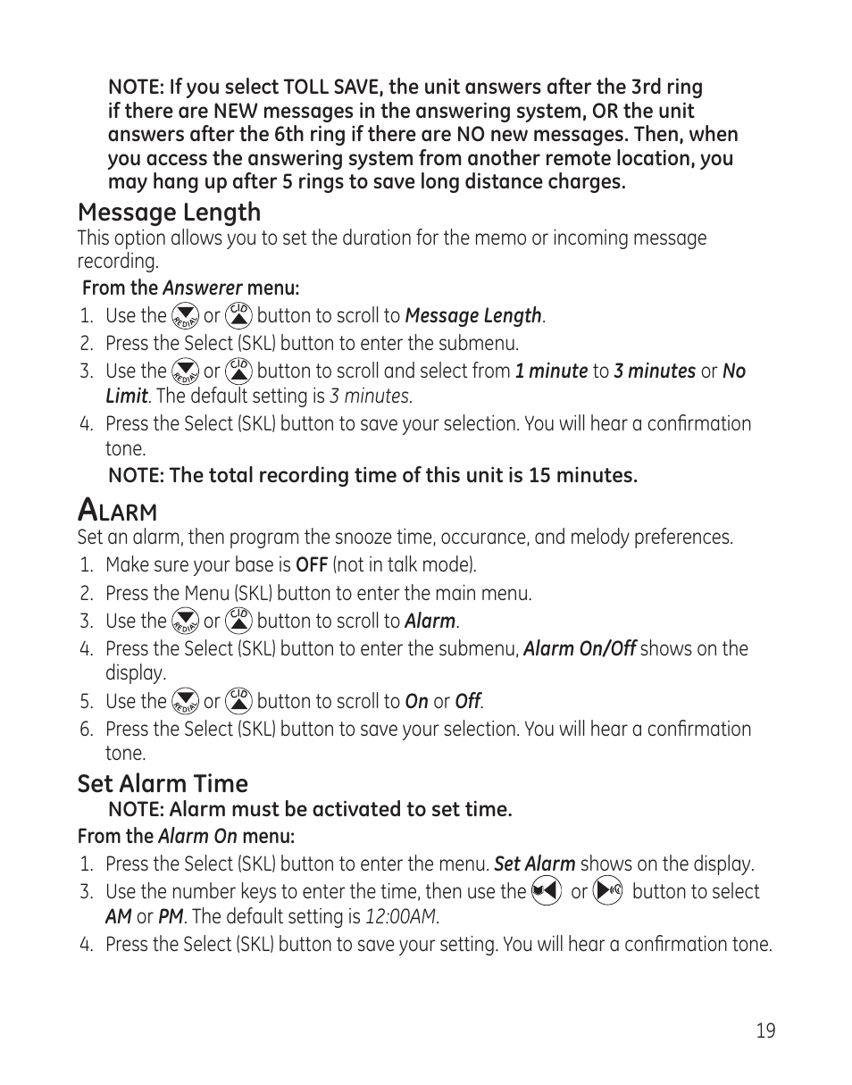 Message length, Set alarm time | GE DECT6.0 28128 User Manual | Page 19 / 66