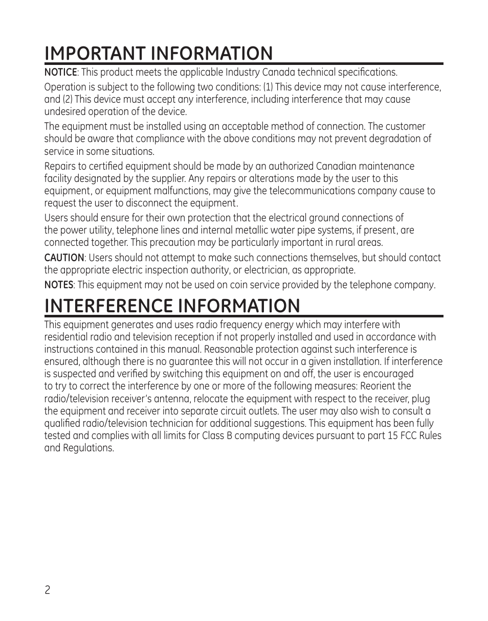 Important information, Interference information | GE DECT6.0 28128 User Manual | Page 2 / 66
