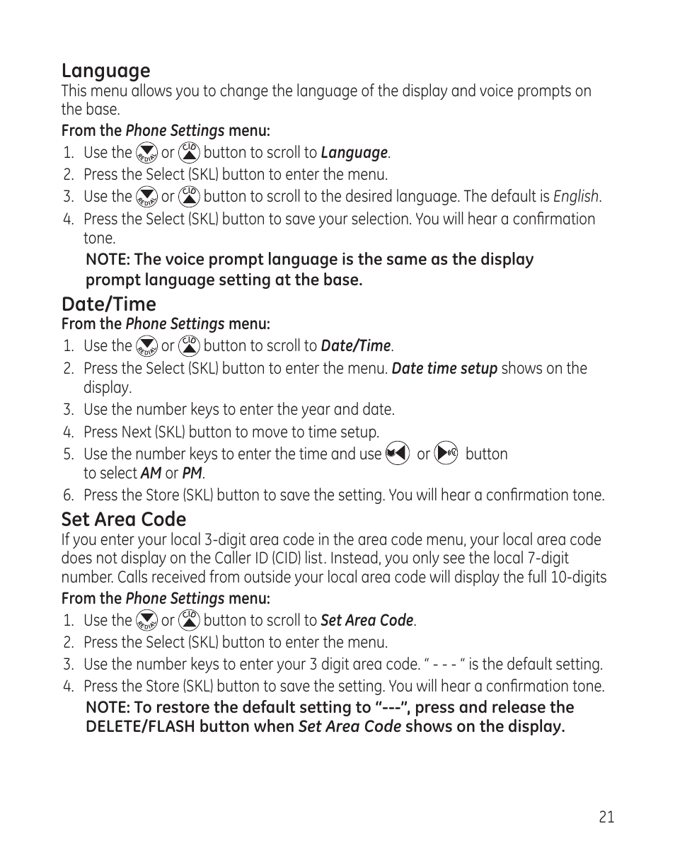 Language, Date/time, Set area code | GE DECT6.0 28128 User Manual | Page 21 / 66