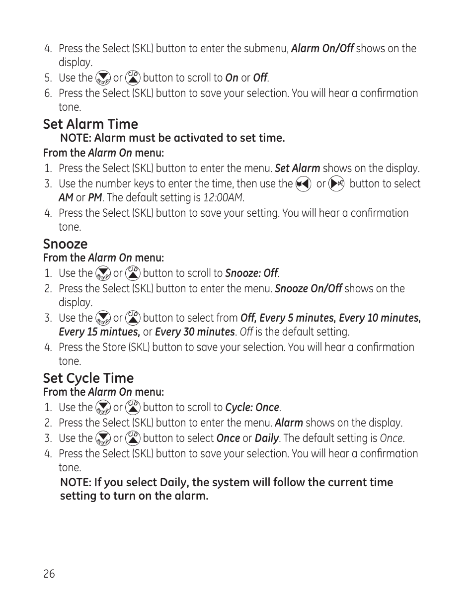 Set alarm time, Snooze, Set cycle time | GE DECT6.0 28128 User Manual | Page 26 / 66