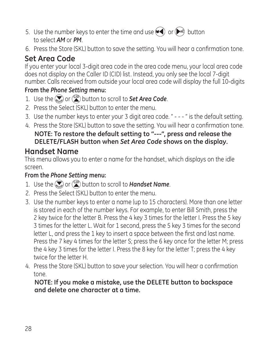 Set area code, Handset name | GE DECT6.0 28128 User Manual | Page 28 / 66