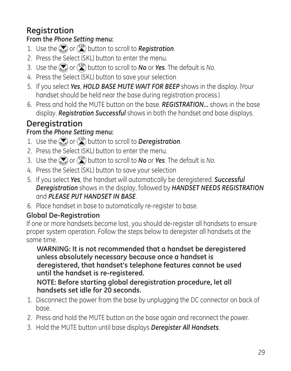 Registration, Deregistration | GE DECT6.0 28128 User Manual | Page 29 / 66