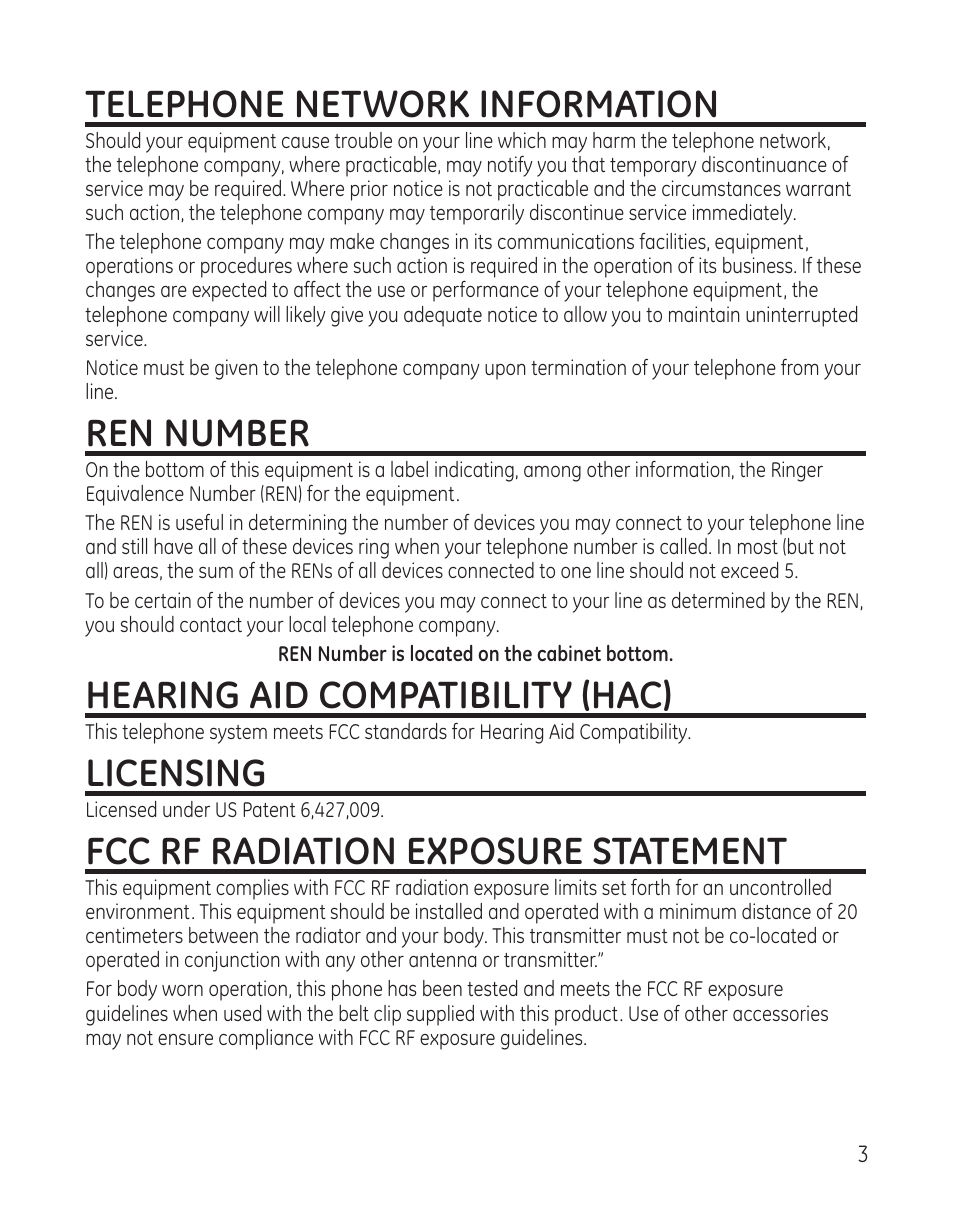 Telephone network information, Ren number, Hearing aid compatibility (hac) | Licensing, Fcc rf radiation exposure statement | GE DECT6.0 28128 User Manual | Page 3 / 66