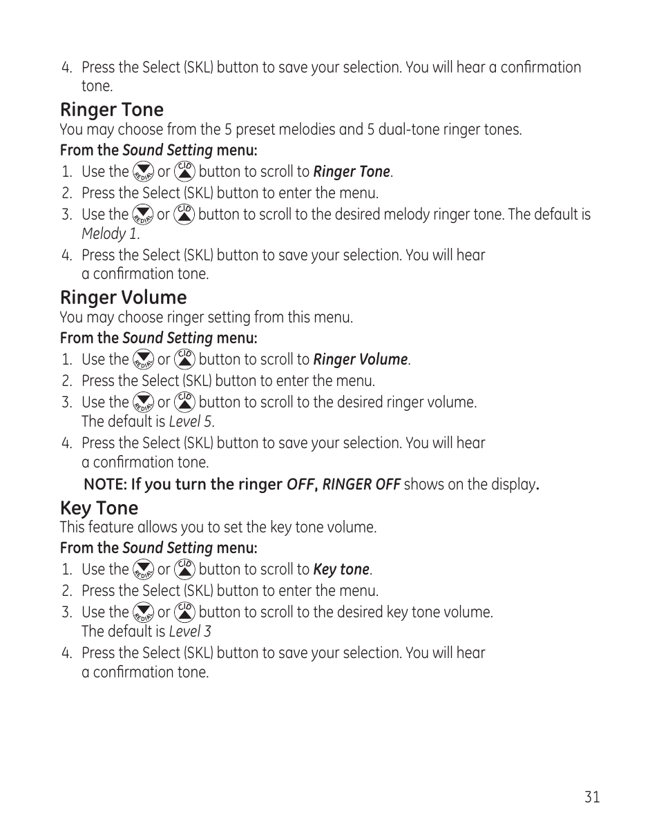 Ringer tone, Ringer volume, Key tone | GE DECT6.0 28128 User Manual | Page 31 / 66