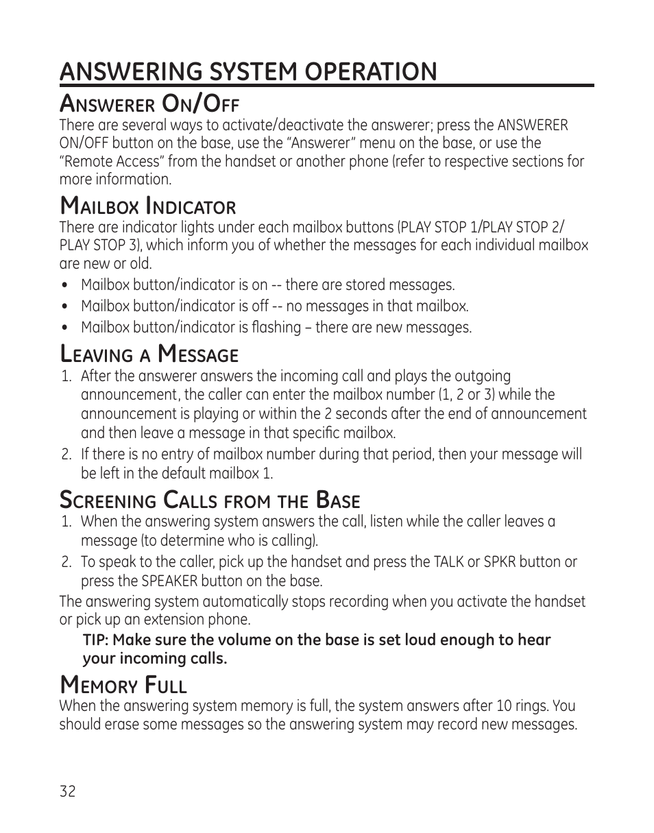 Answering system operation a | GE DECT6.0 28128 User Manual | Page 32 / 66