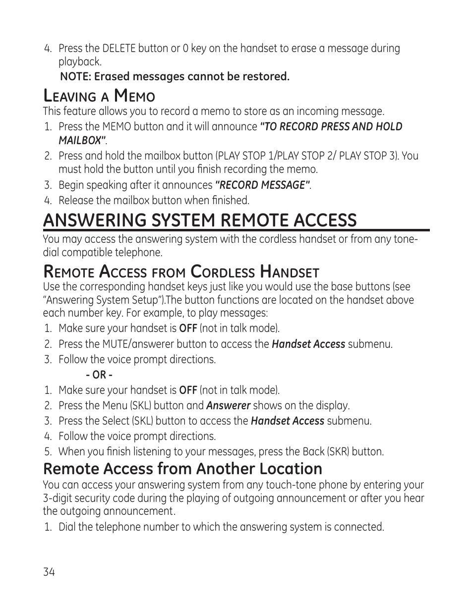 Answering system remote access, Remote access from another location | GE DECT6.0 28128 User Manual | Page 34 / 66