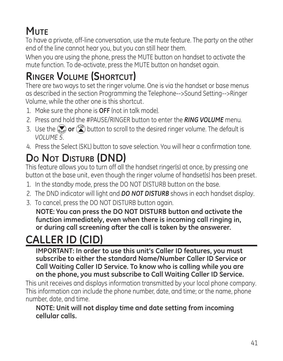 Dnd), Caller id (cid) | GE DECT6.0 28128 User Manual | Page 41 / 66