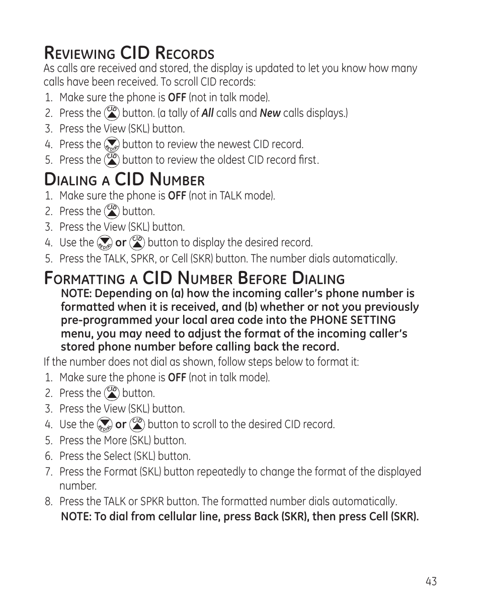 Cid r, Cid n | GE DECT6.0 28128 User Manual | Page 43 / 66