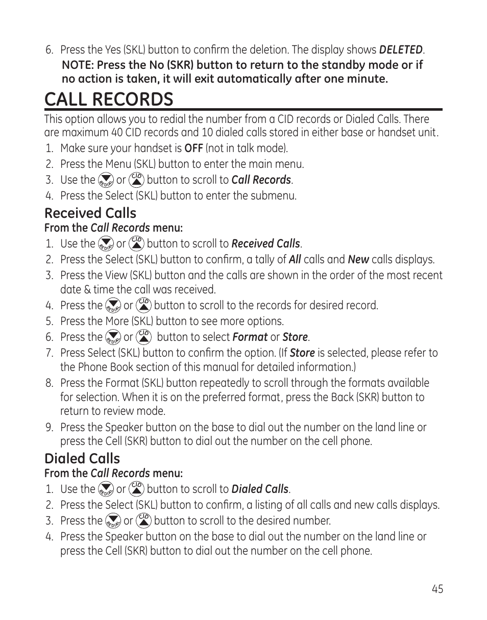 Call records, Received calls, Dialed calls | GE DECT6.0 28128 User Manual | Page 45 / 66