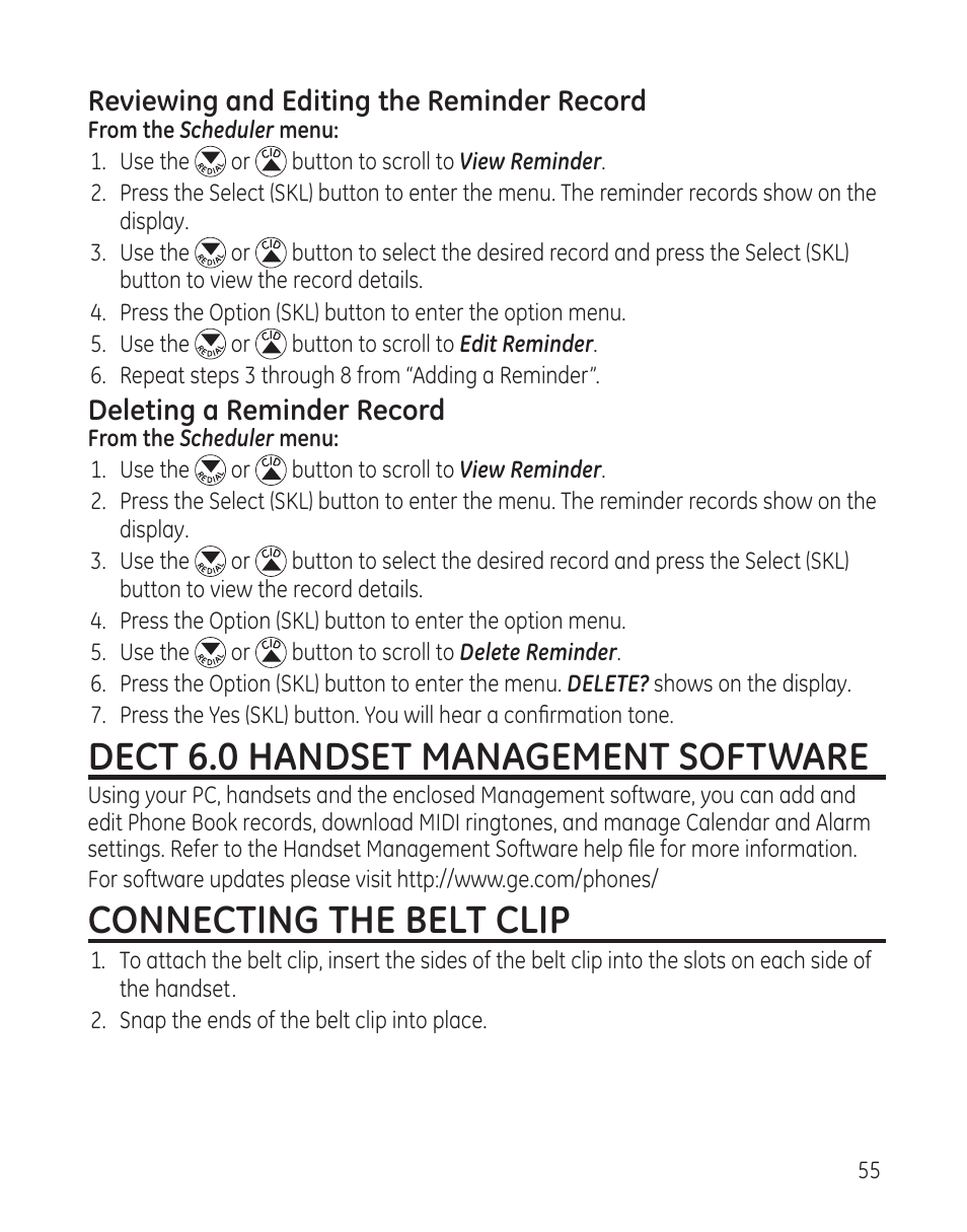 Dect 6.0 handset management software, Connecting the belt clip | GE DECT6.0 28128 User Manual | Page 55 / 66