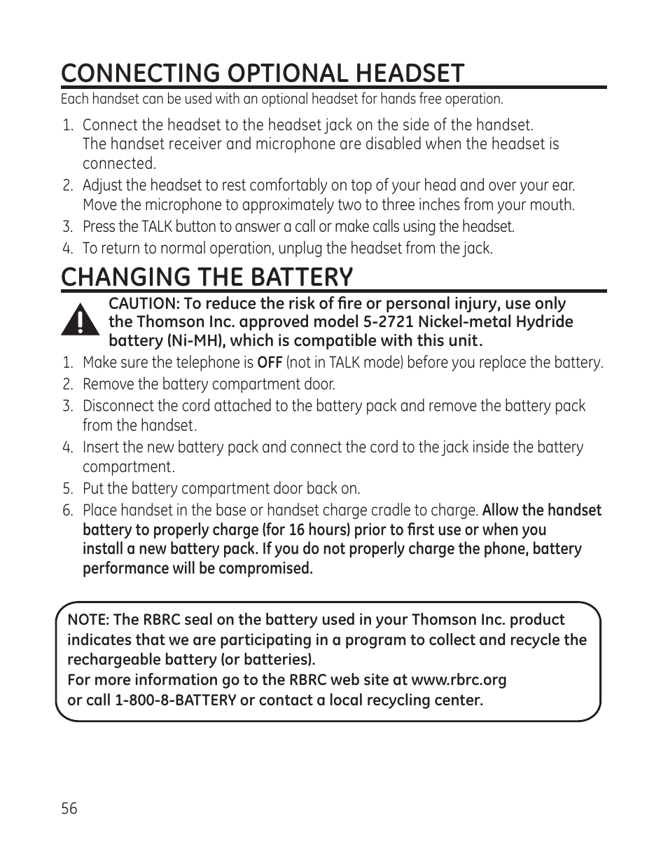 Connecting optional headset, Changing the battery | GE DECT6.0 28128 User Manual | Page 56 / 66