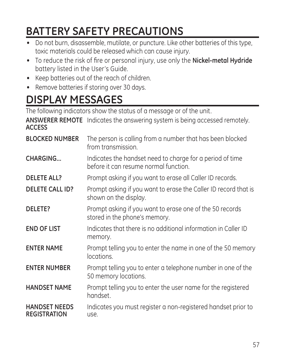 Battery safety precautions, Display messages | GE DECT6.0 28128 User Manual | Page 57 / 66