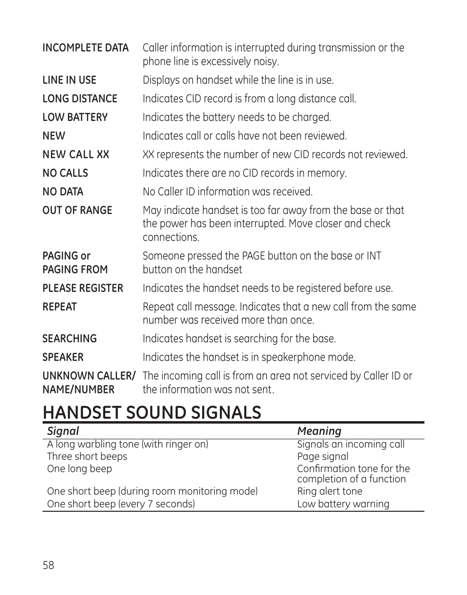 Handset sound signals | GE DECT6.0 28128 User Manual | Page 58 / 66