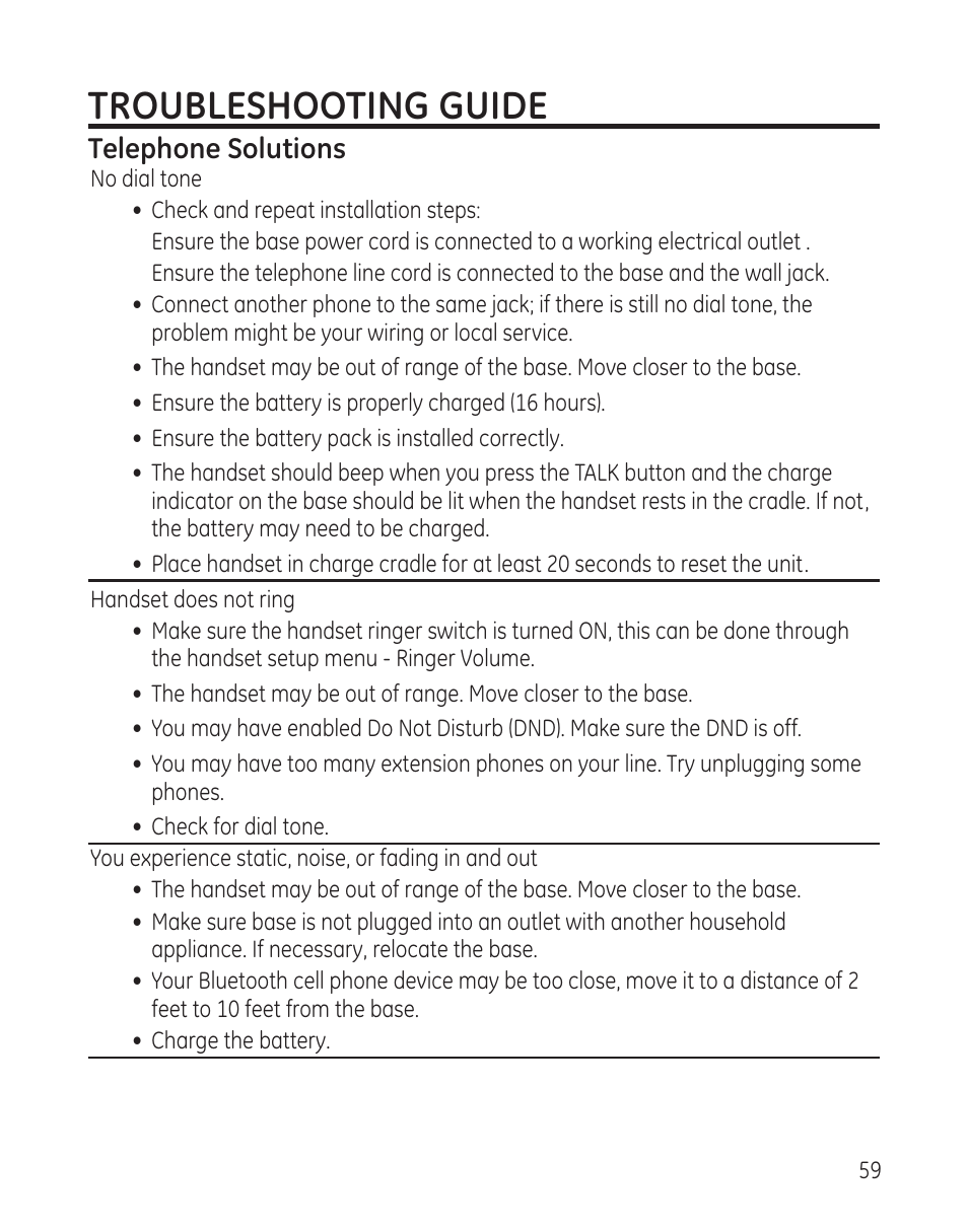 Troubleshooting guide | GE DECT6.0 28128 User Manual | Page 59 / 66