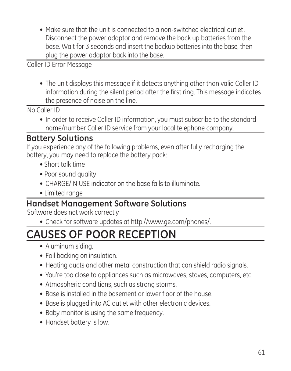 Causes of poor reception | GE DECT6.0 28128 User Manual | Page 61 / 66